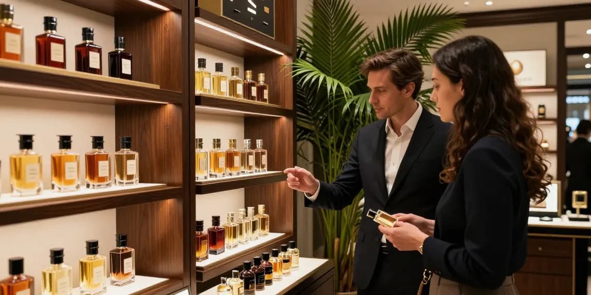 Oud parfum flessen mooi getoond in een luxe parfumeriewinkel.