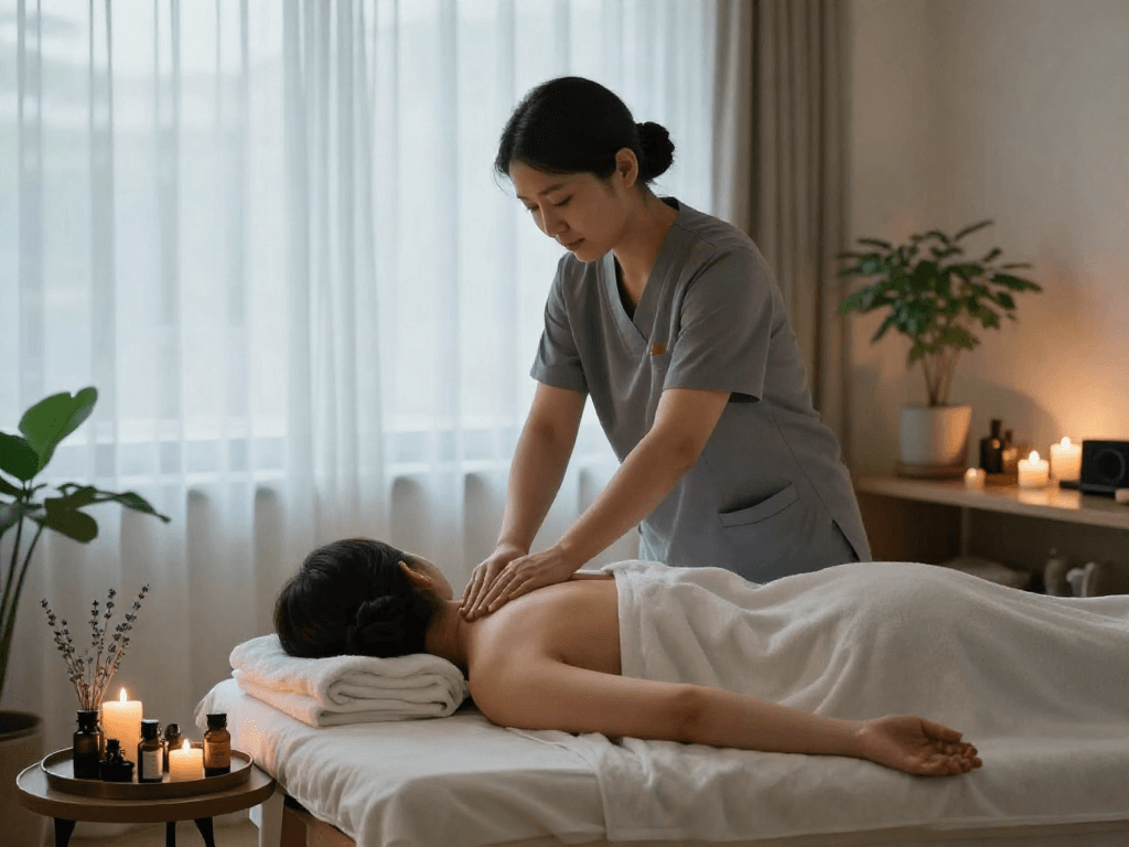 Experiencing a calming 파주출장마사지 in a serene studio setting with soft lighting.