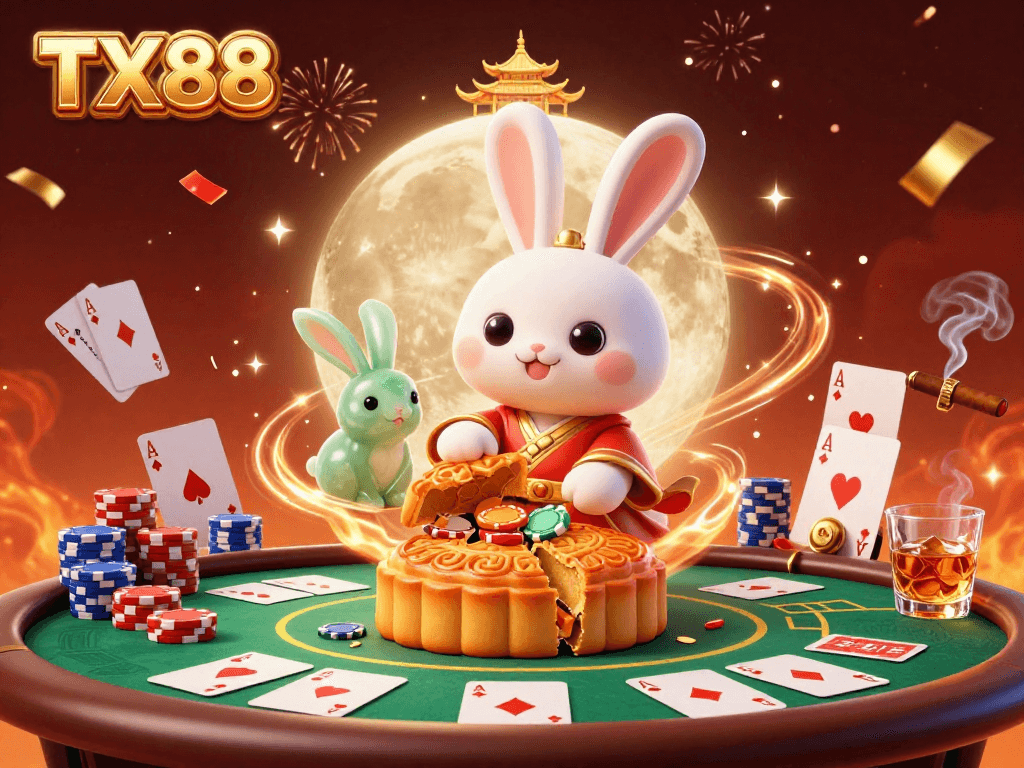 Engage with TX88's vibrant casino action featuring poker chips and enchanting characters.
