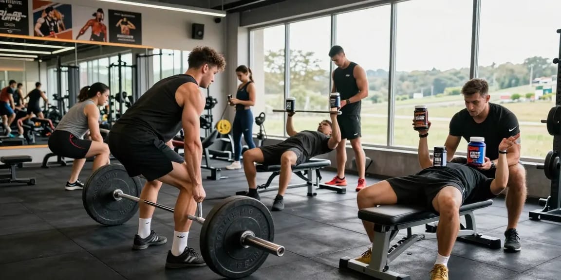 Prime Pharma Steroiden products being used by athletes in a vibrant gym training scene