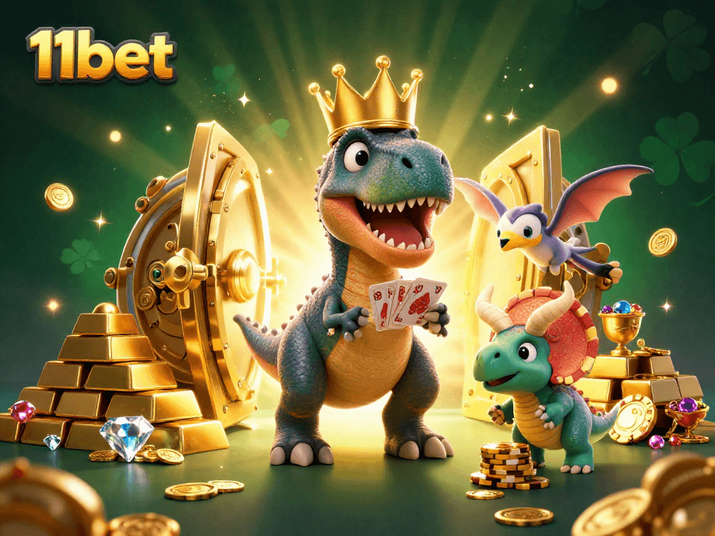 11bet casino fun scene with T-Rex shuffling cards and friends amid treasures.
