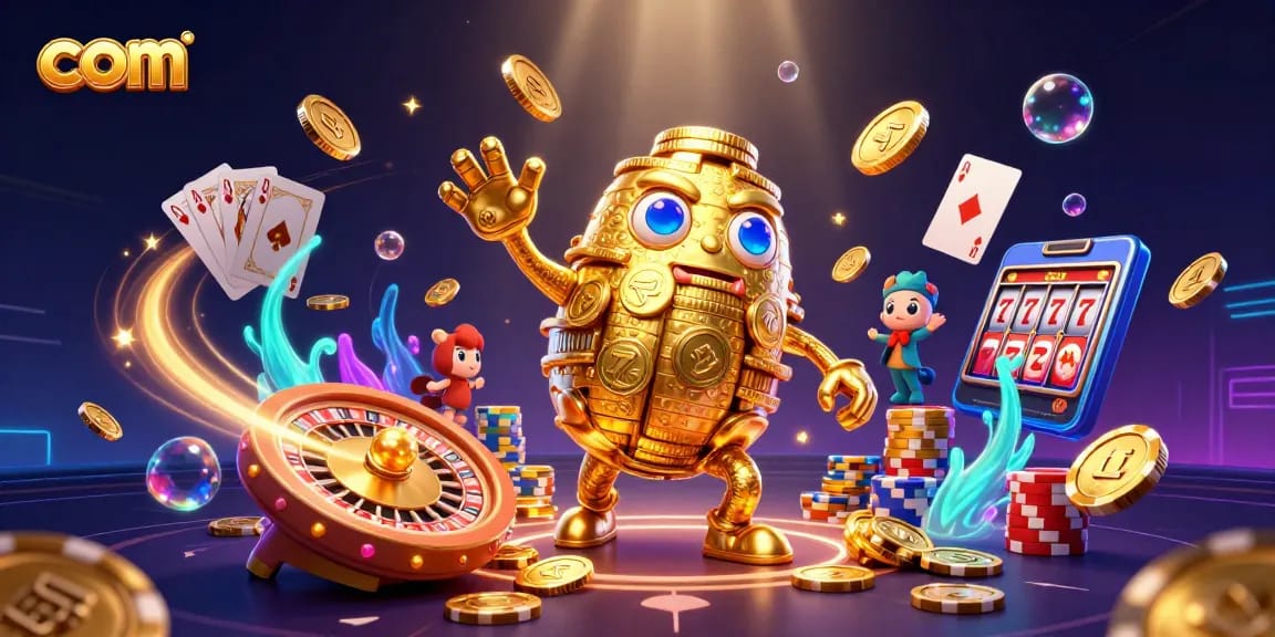 Experience thrilling games at com, featuring a golden golem amid coins and vibrant casino elements.