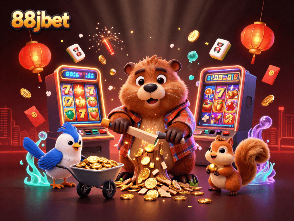 Experience thrilling wins at 88jbet casino with colorful slot symbols and festive elements in a vibrant scene.