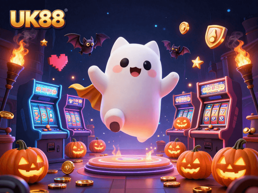 Engage with UK88's vibrant casino games featuring a ghost cat, bat, and glowing jack-o-lanterns.