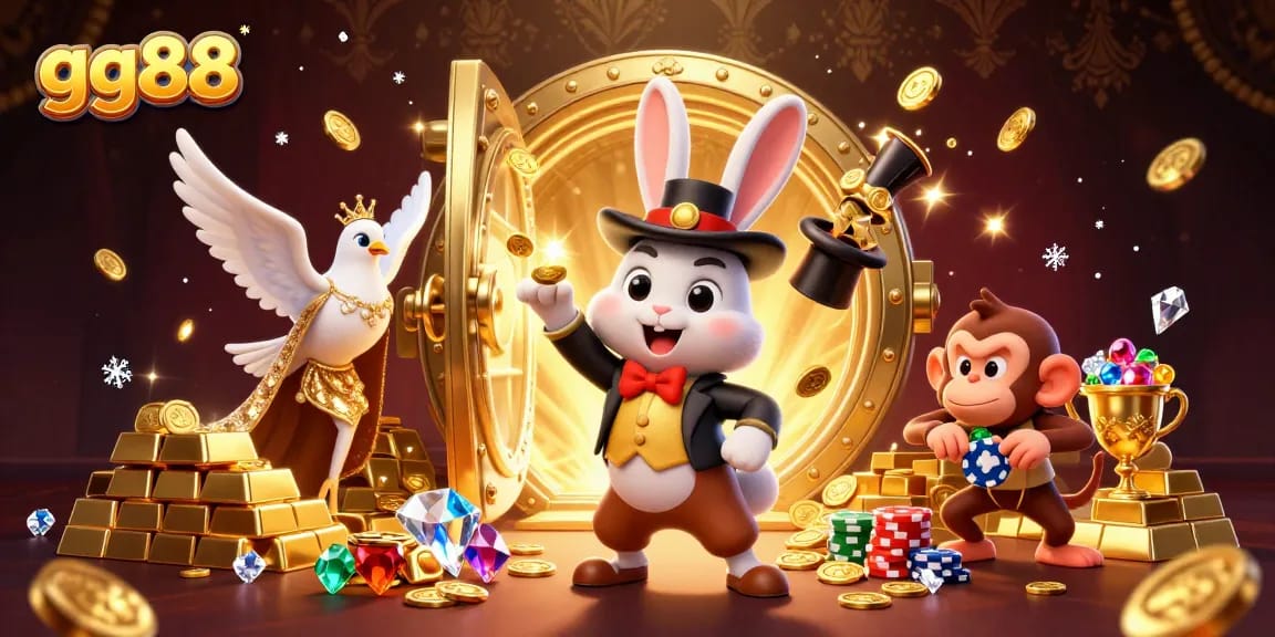 Experience thrilling wins at gg88 with a vibrant, dynamic casino scene full of excitement and magical elements.