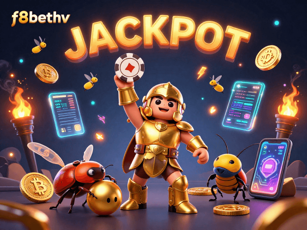 Experience f8bethv's thrilling gaming adventures with a vivid jackpot scene, showcasing an animated beetle and shimmering crypto elements.