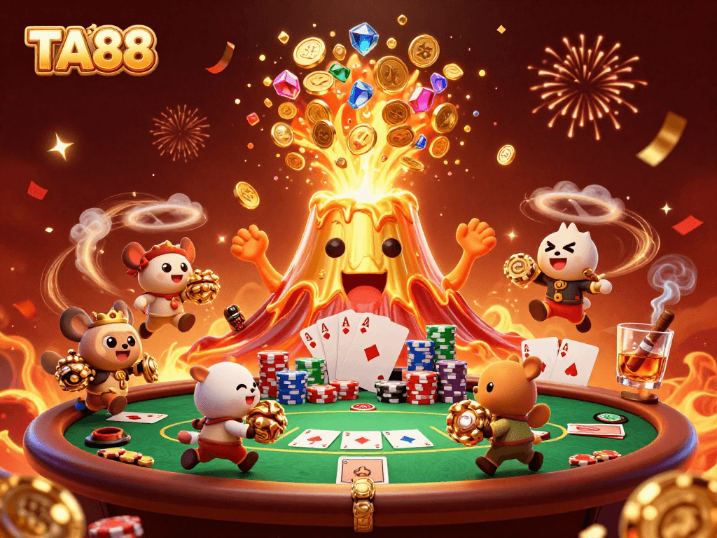 TA88 showcases a lively casino scene with a jubilant volcano, poker elements, and treasure