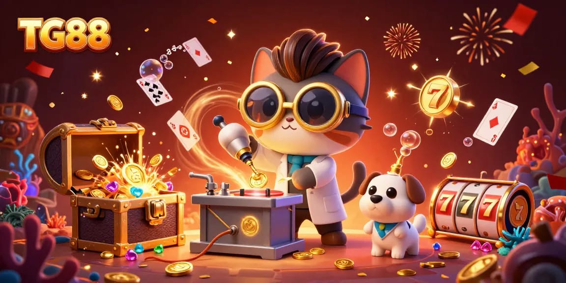 Experience the thrill of TG88 with mad scientist characters creating jackpots and gold coins in a vibrant casino world.