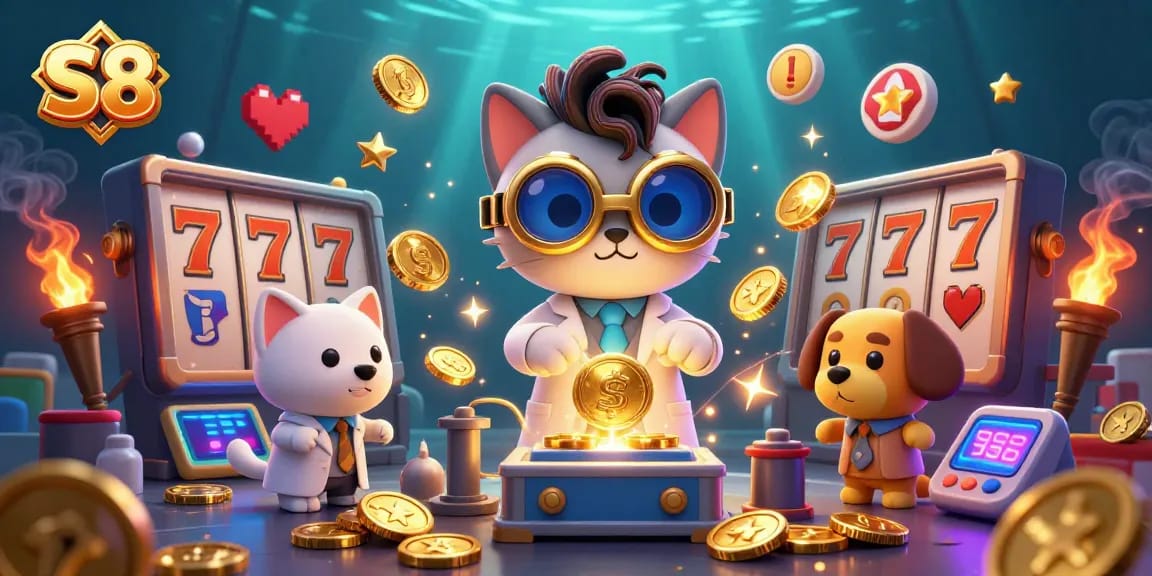S8 brings thrilling gameplay as a mad scientist cat creates a gold-coin replication machine amidst colorful slots.