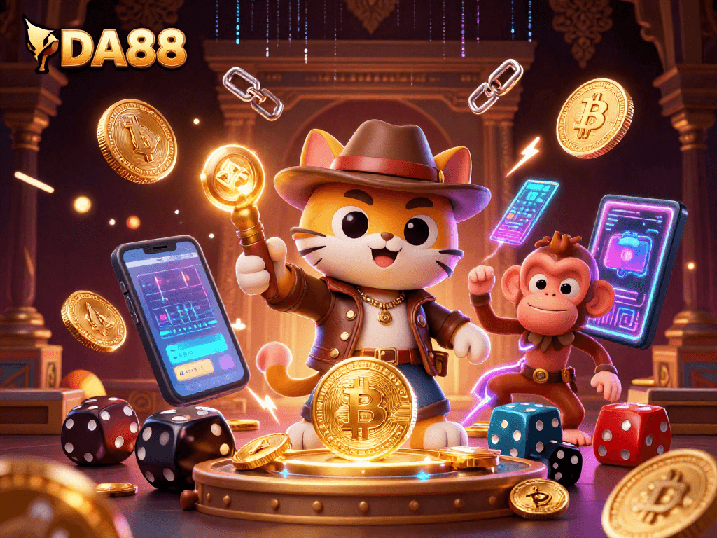 Experience thrilling moments at DA88 with a 3D explorer cat revealing casino treasures and crypto elements.