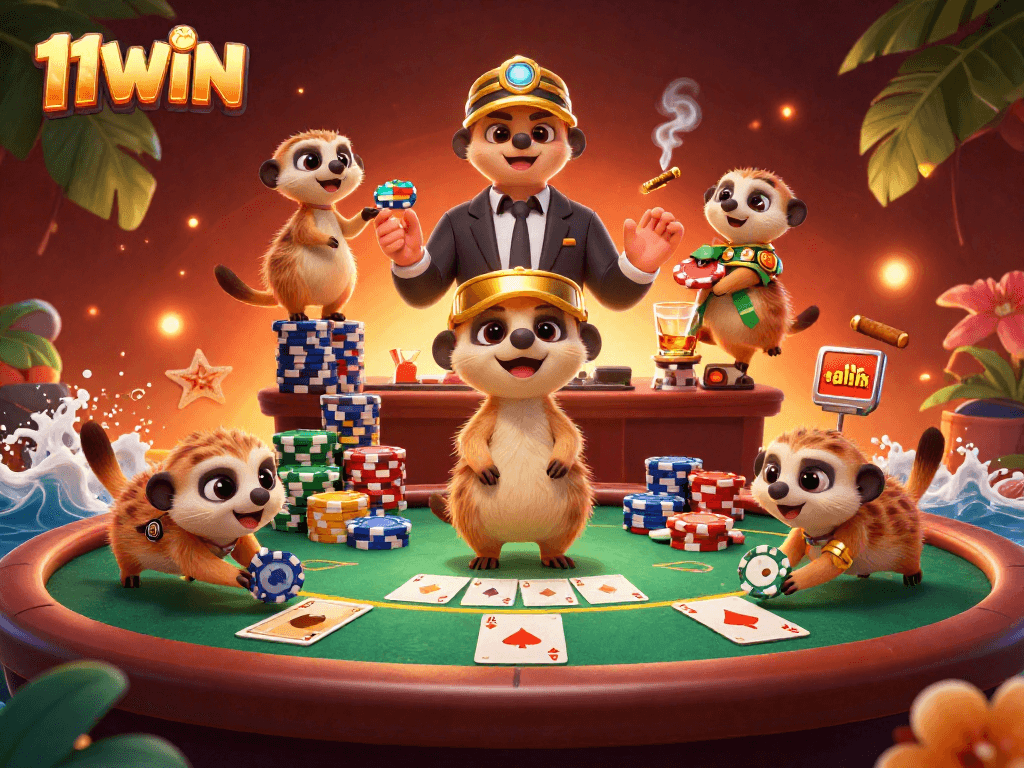 Experience the thrill of 11WIN with meerkats operating a lively casino scene full of poker excitement.