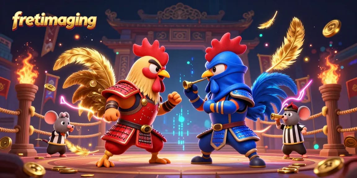 Experience thrilling action with fretimaging in this dynamic rooster battle illustration.