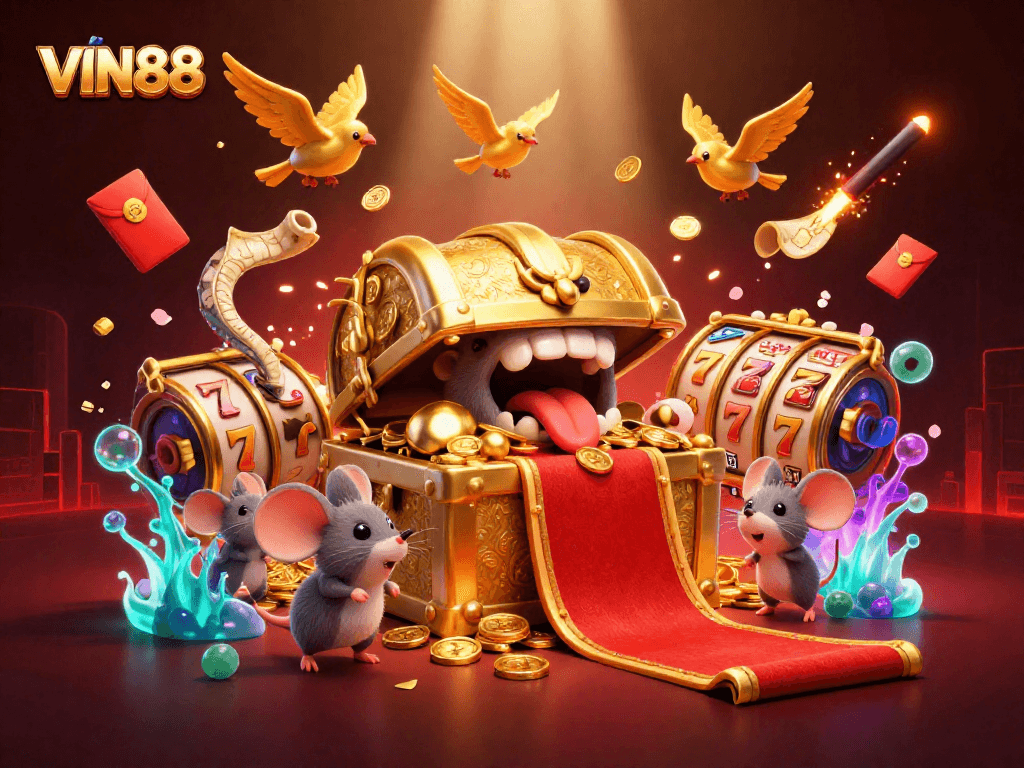 Experience the thrill of winning at VIN88 with a dynamic slot-inspired scene filled with riches and adventure.