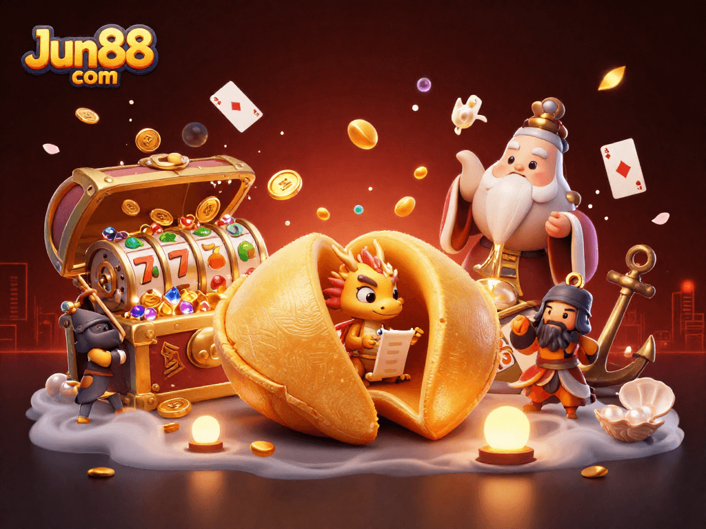 Experience the excitement of Jun88 com with vibrant slot scenes featuring fortune elements.