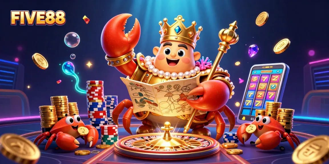 Experience thrilling gaming adventures at FIVE88 with a vibrant scene depicting a golden crab emperor amidst dynamic casino elements.