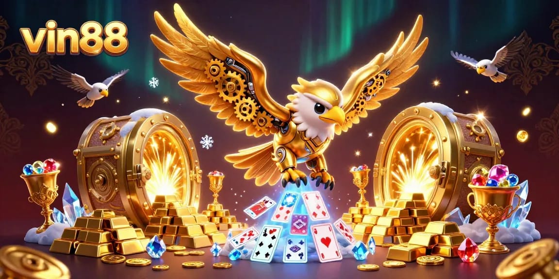 Experience the thrill of vin88 with golden treasures and dynamic characters in a vibrant casino scene.