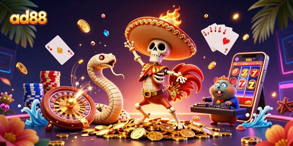 Join the fun at ad88 with a 3D dancing mariachi rooster amidst golden coins and casino games!