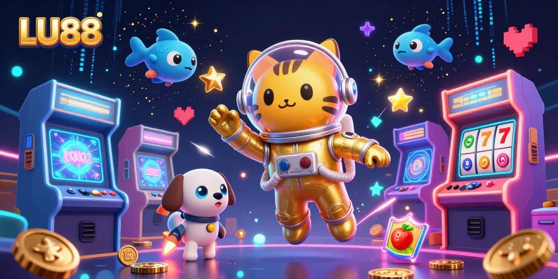 Engage with vibrant LU88 arcade experience featuring an astronaut cat and co. amidst gaming magic.