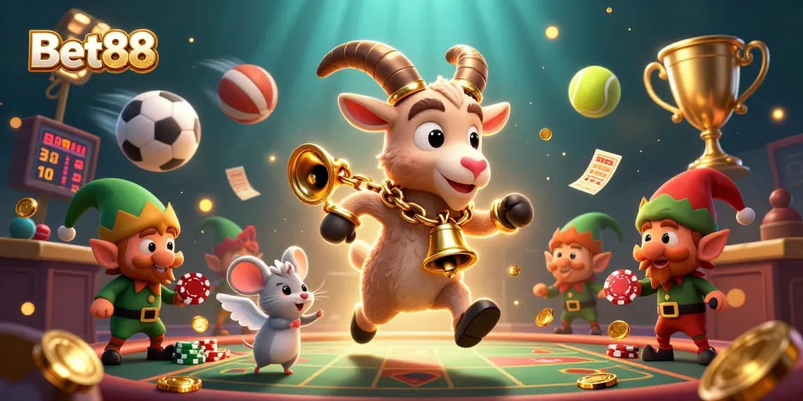 Engage in exciting gameplay at Bet88, where a whimsical Krampus goat oversees a vibrant holiday-themed casino scene.
