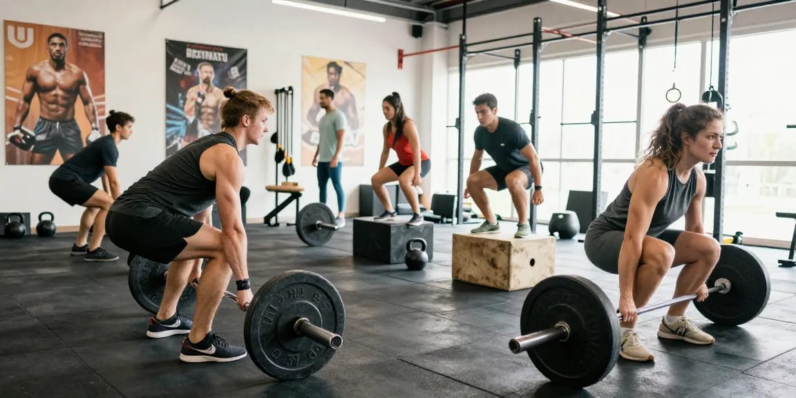 Prime Pharma Steroïden Winkel - Actieve sporters in een moderne sportschool, bezig met intensieve trainingen en fitnessapparatuur.