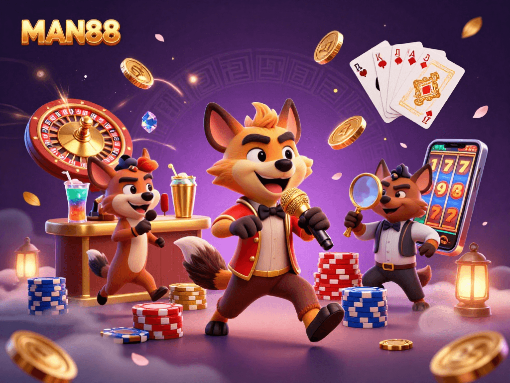 Experience the vibrant energy of MAN88 casino with hyenas running a comedy club surrounded by golden casino elements.