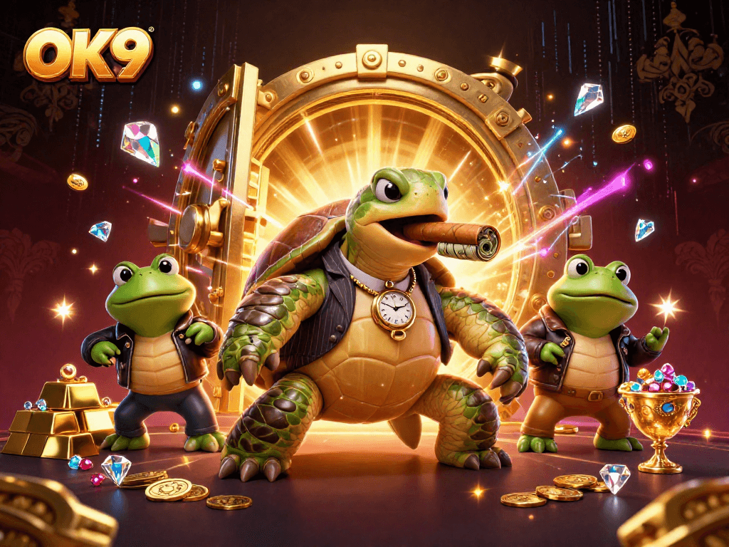 Engage in thrilling gameplay at OK9, where a mobster turtle leads bullfrog enforcers in a vibrant casino scene.
