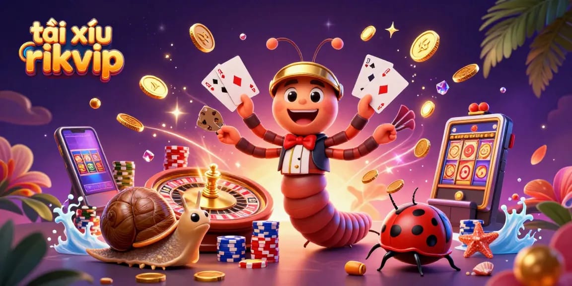 Experience thrilling tài xỉu rikvip action with a lively 3D illustration of a millipede dealer and vibrant casino elements.