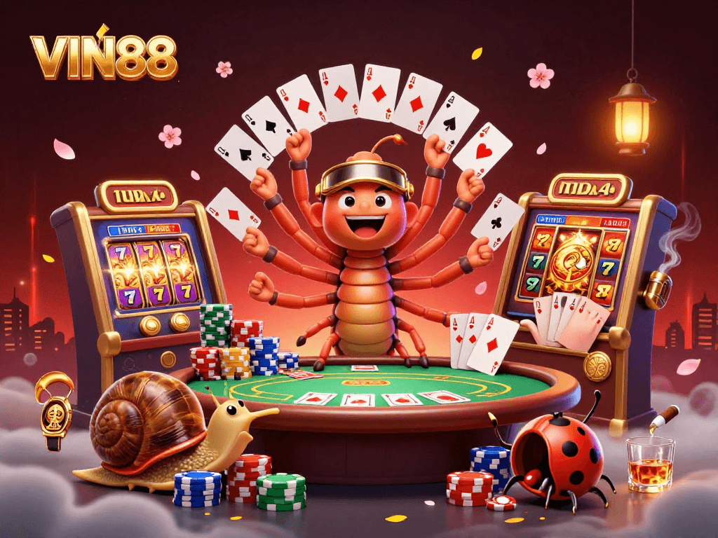 Experience the thrill of VIN88 with animated characters and vibrant slot elements in a lively casino scene.