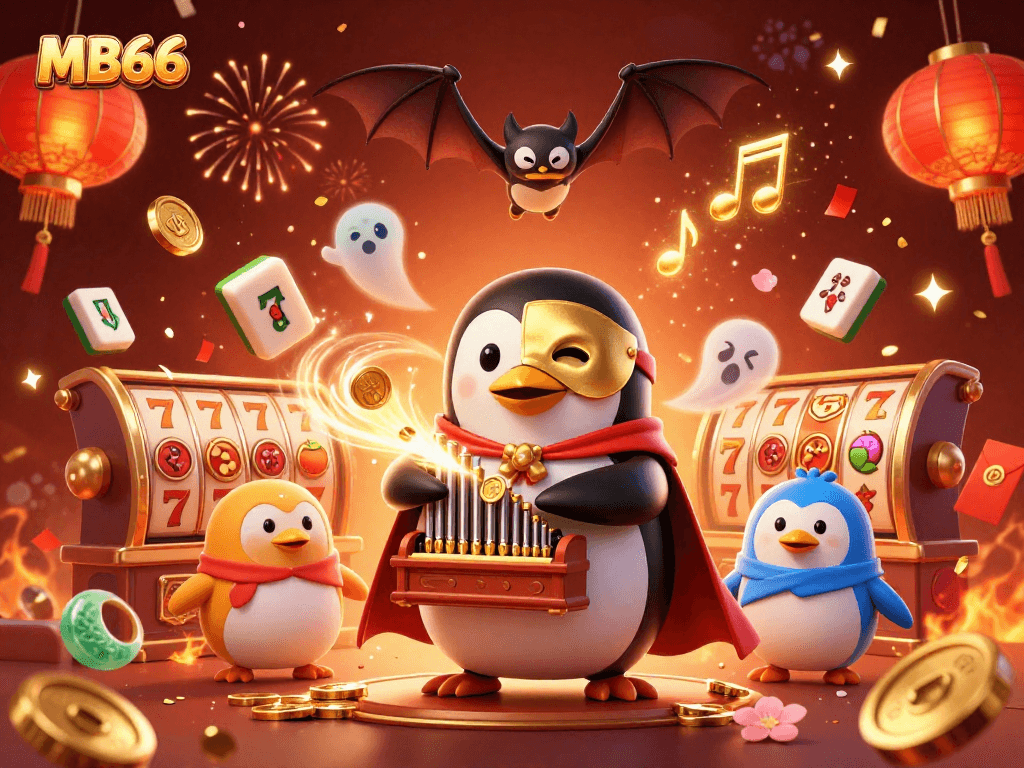 Experience the thrill of MB66 casino with a 3D penguin and action-packed slots, celebrating big wins.