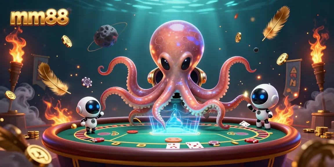 mm88 casino alien octopus plays holographic poker in a vibrant live casino scene