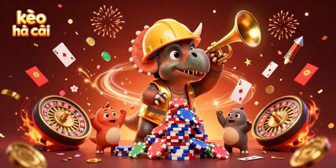 Engage in kèo nhà cái action with vibrant characters building poker chip towers amidst festive casino elements.