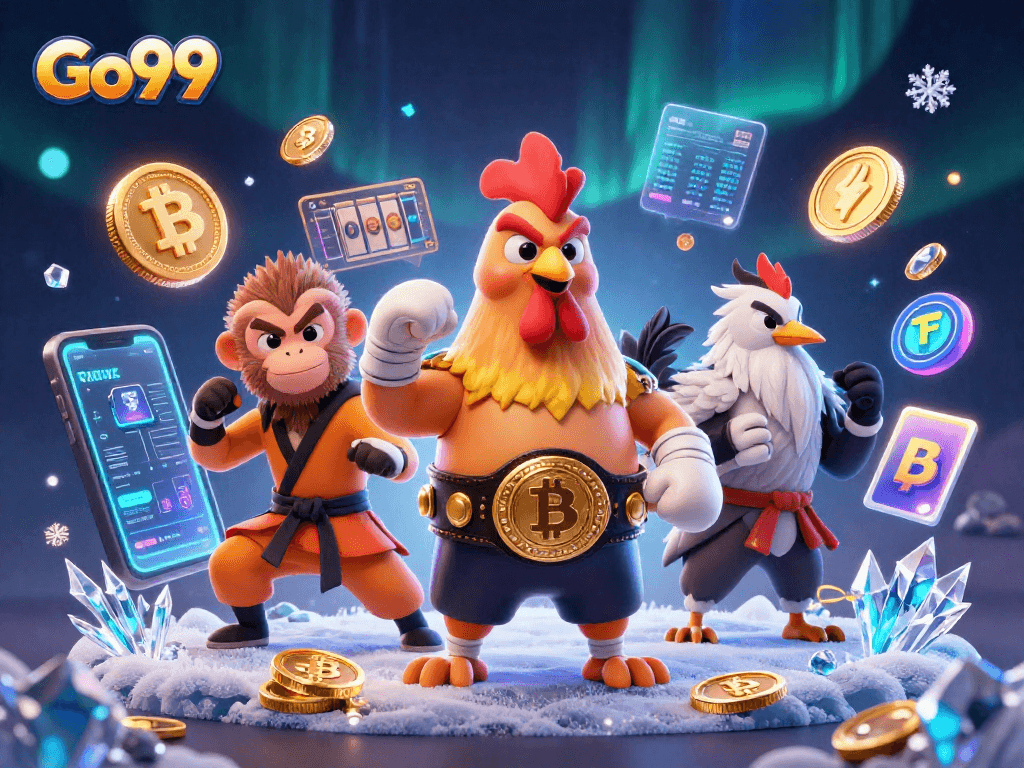 Engage with Go99 through thrilling 3D illustration of casino characters and crypto elements.
