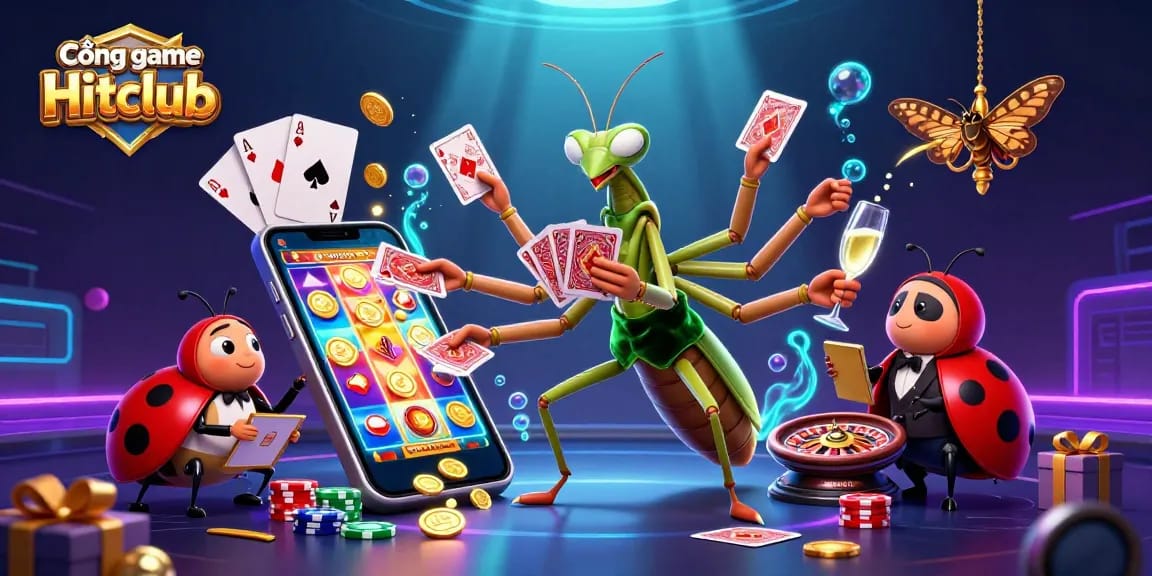 Engage with Cổng game Hitclub through an enchanting illustration featuring a giant mantis and ladybug pit boss.