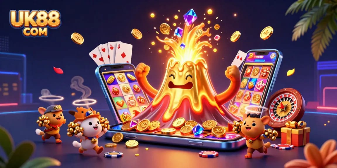 Experience thrilling wins at UK88 COM with a dynamic illustration of casino excitement and treasure