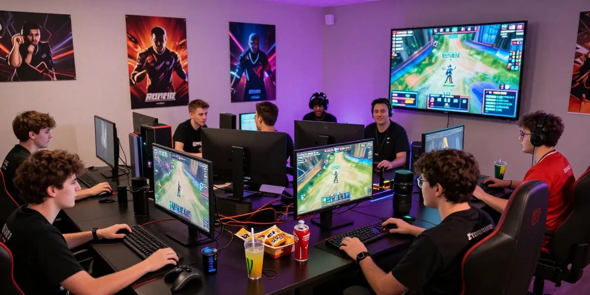LUCK8 esports players engaging in an exciting online gaming session with colorful lighting and dynamic atmosphere.