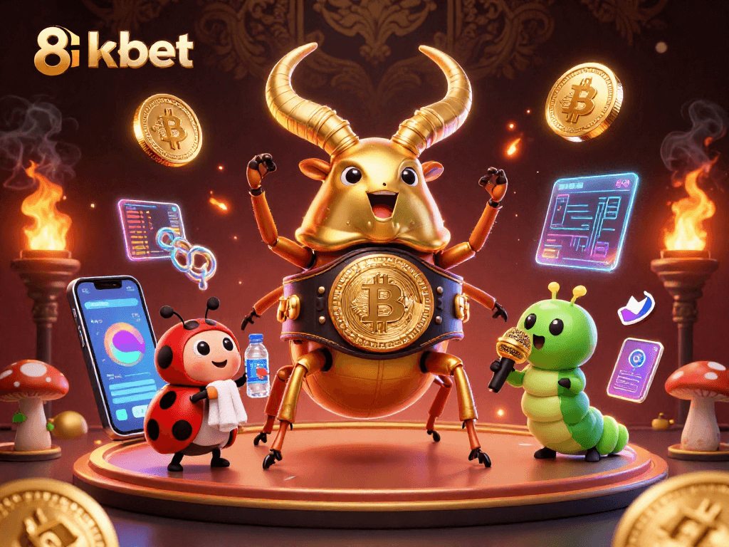 Engage with 8kbet's dynamic scene featuring vibrant characters and crypto elements in an energetic casino battle.
