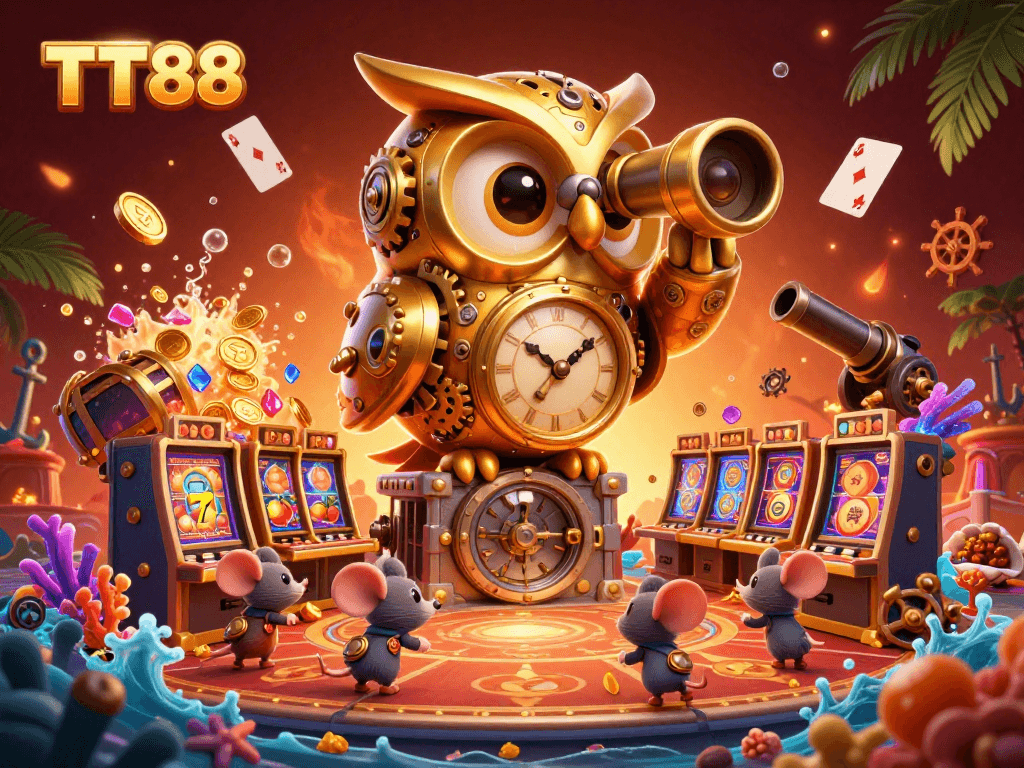 TT88 casino scene with a golden owl and treasure chest overflowing with gems, engaging players.