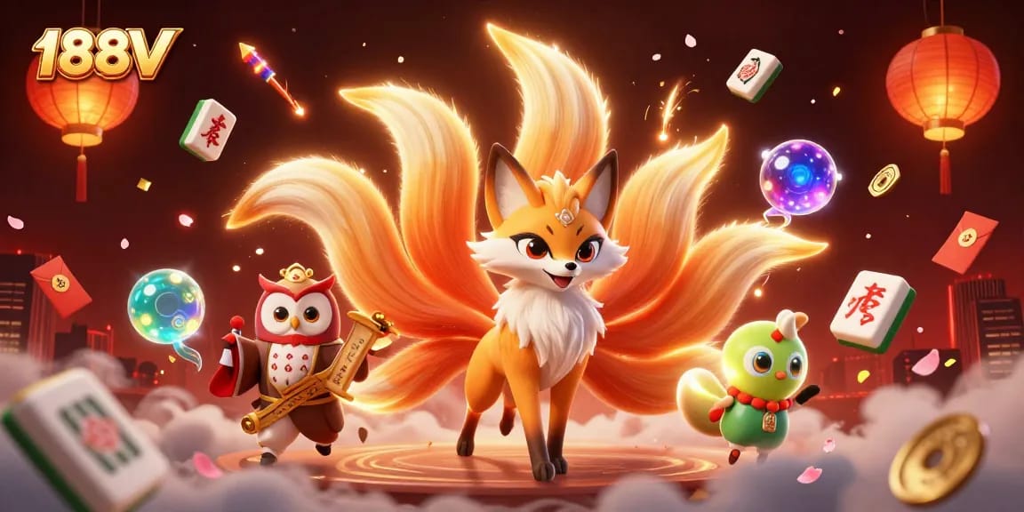 Engage in thrilling entertainment at 188V with vibrant casino-themed characters and elements showcasing immersive gaming joy.