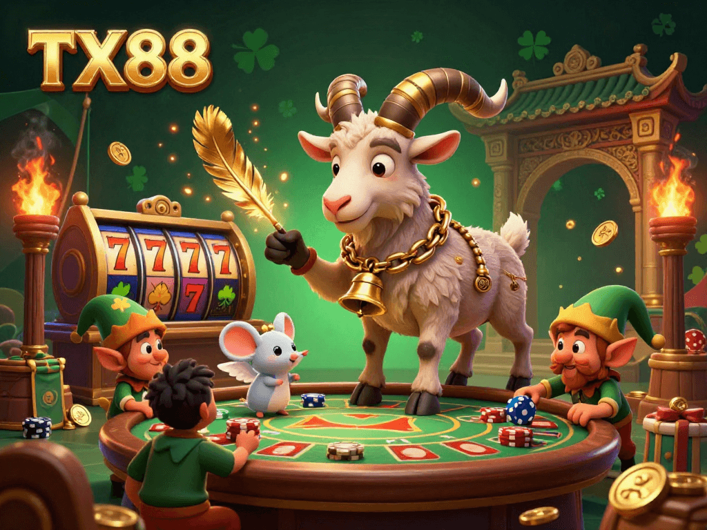 TX88 captures the chaos of a casino with a Krampus goat, angel mouse, and naughty elf gremlins stealing poker chips.