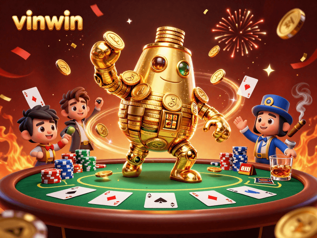 Experience the excitement of vinwin with a golden golem and vibrant poker scene.