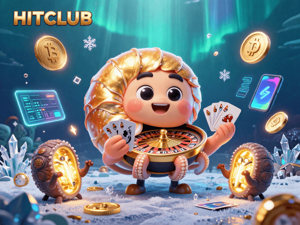 Engage with HITCLUB's vibrant gaming scene featuring casino elements and cryptocurrency symbols.