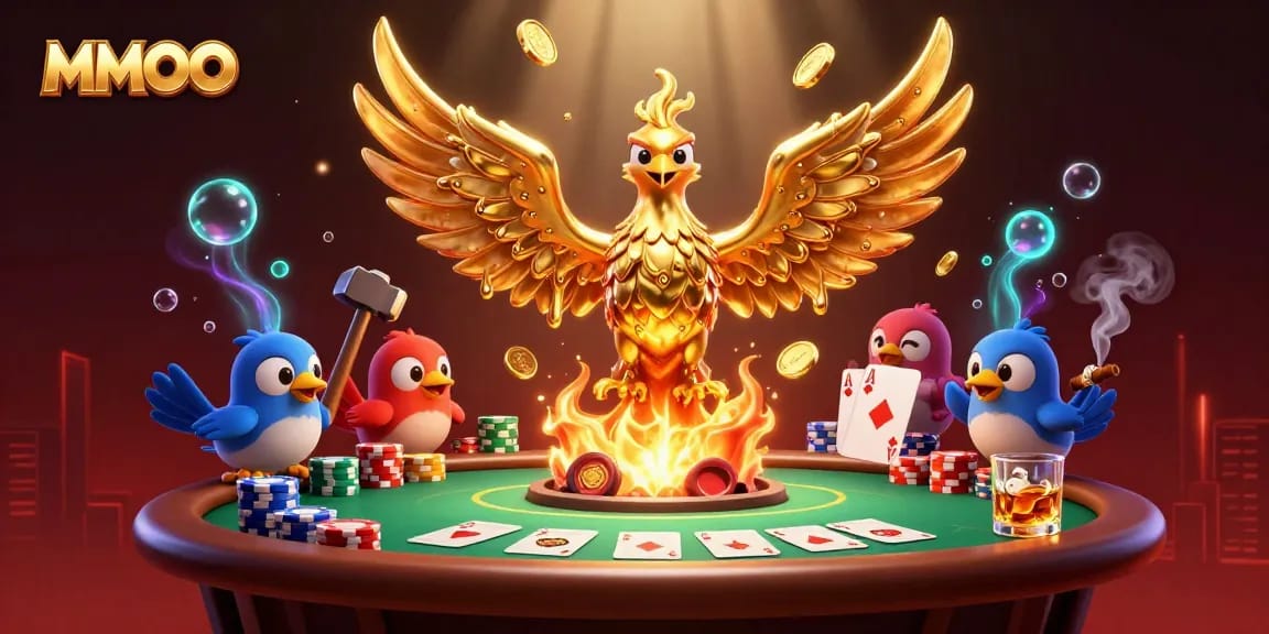 Bet on the MMOO poker table, featuring a molten gold phoenix and dynamic casino elements.