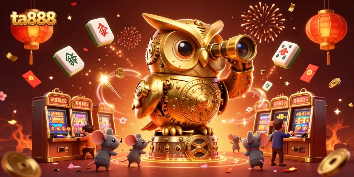 Experience winning thrills at ta888 with 3D casino elements including a golden owl and lively game icons.