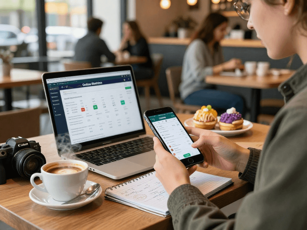 Engaging with the http://oxbet-app.com betting application in a vibrant coffee shop setting, emphasizing technology and social interaction.