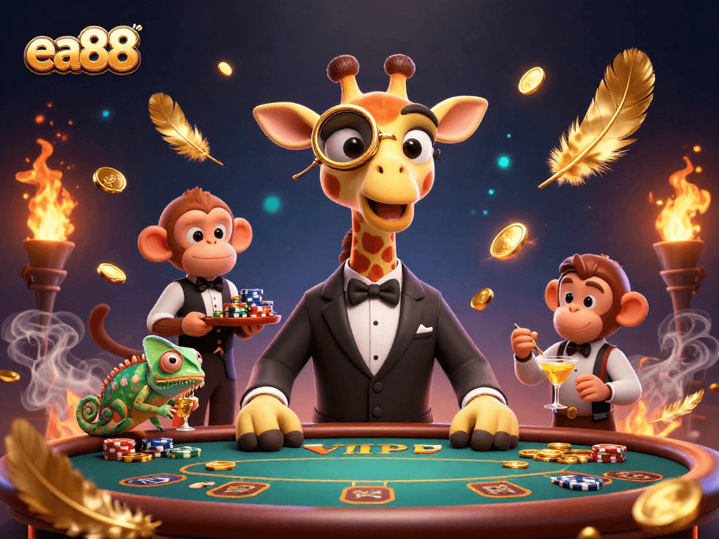 Experience thrilling gaming action with the ea88 high-roller giraffe at a lavish poker table.