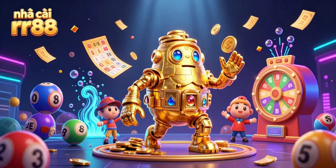 Engage with the vibrant gaming world of nhà cái rr88, showcasing a gold coin golem with dynamic lottery elements.