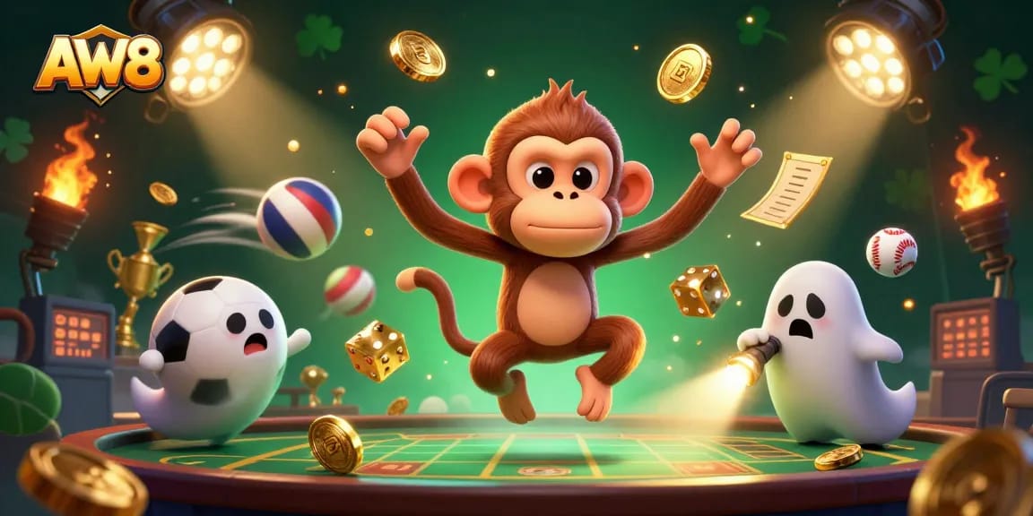 Experience thrilling gaming with AW8 as a playful ghost monkey juggles casino treasures.