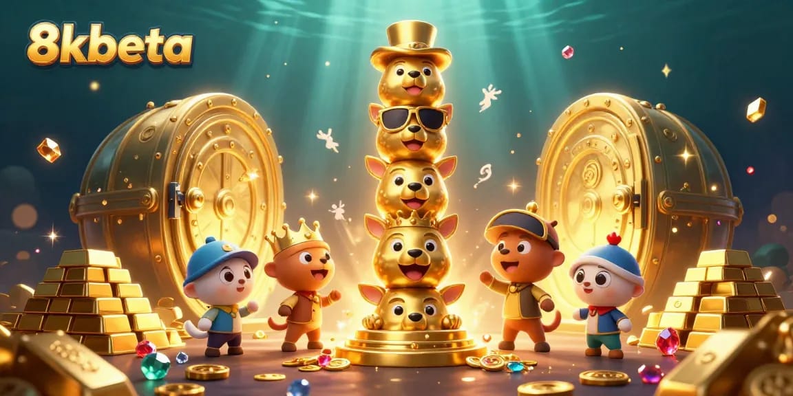 Experience the thrill of 8kbeta with a vibrant 3D casino scene filled with golden treasures and lively characters.