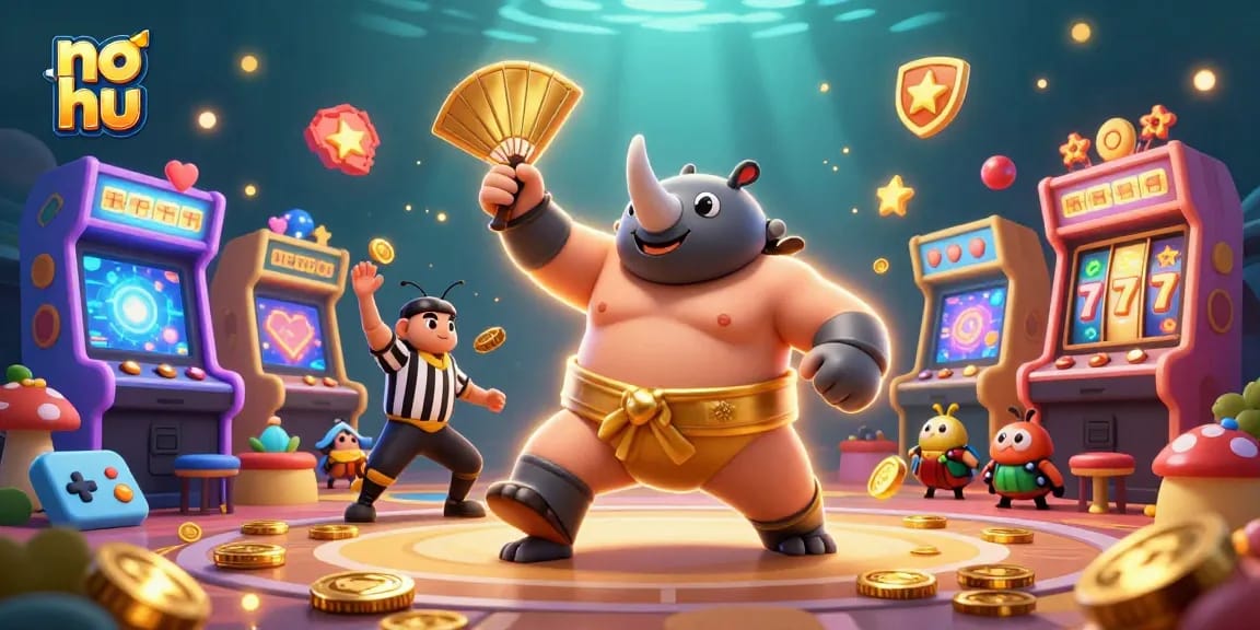Spin the reels with no hu, as a sumo beetle sends golden coins flying in a vibrant casino game scene.