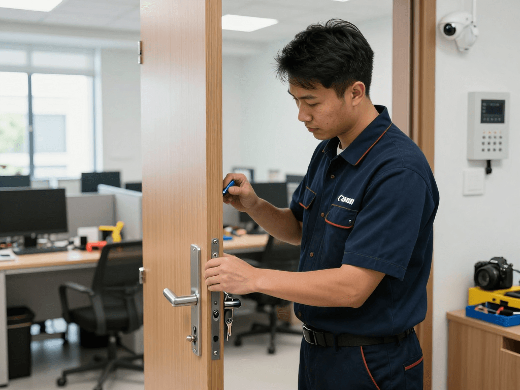 Commercial locksmith Port St. Lucie installing high-security deadbolt in an office with natural light.